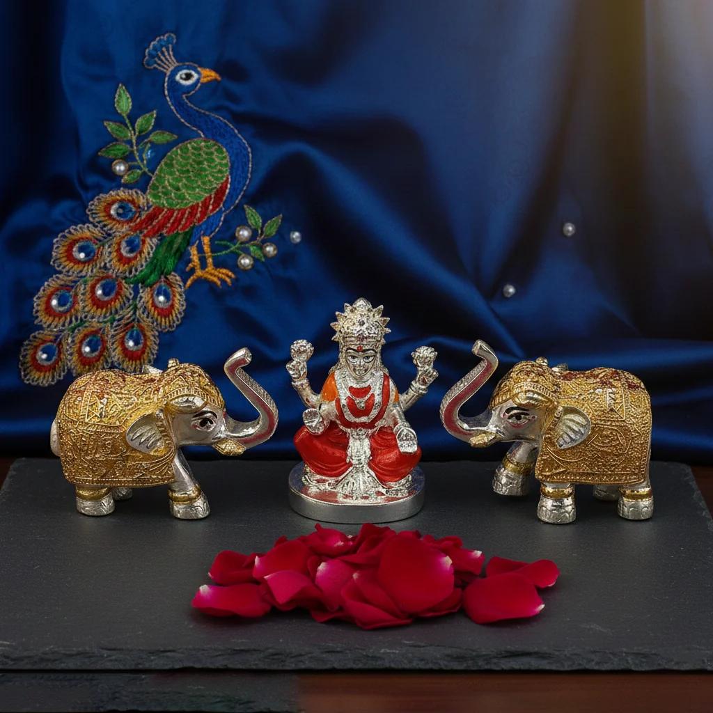 Value Gifts Premium 3 Inch German Silver Lakshmi Idol with 2 Inch Elephant Pair for Religious Ceremonies