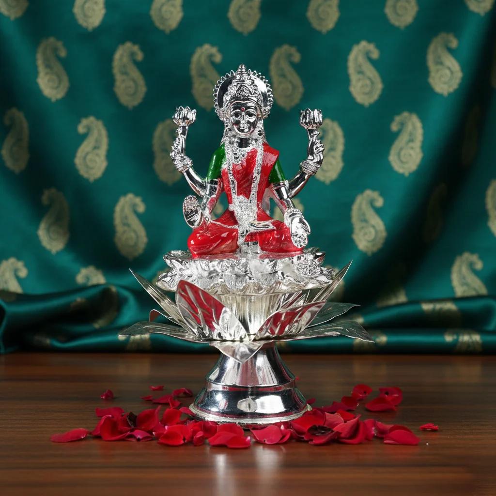 Value Gifts Premium German Silver Lotus Stand with 5 Inch Lakshmi Idol Set for Religious Offerings