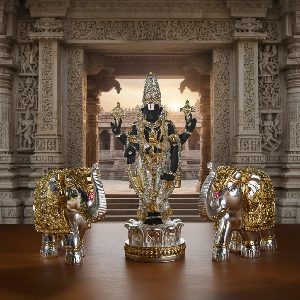 Value Gifts Elegant 8 Inch Balaji Idol & Elephant Set in Premium German Silver