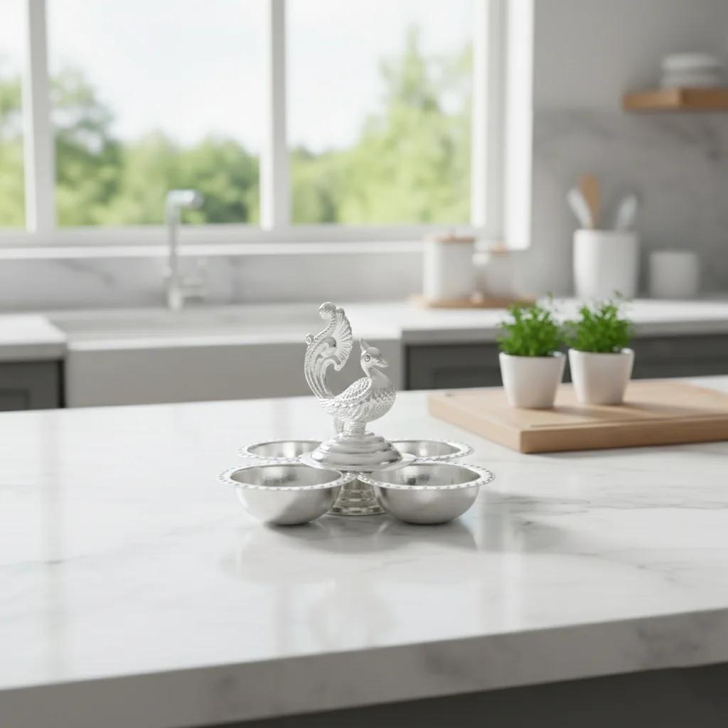 German Silver Peacock Panchapala Set Ideal for Spiritual Rituals