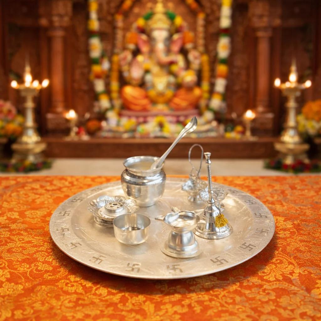 German Silver Pooja Samagri Set with Complete Vessel Combo High-End Ritual Kit