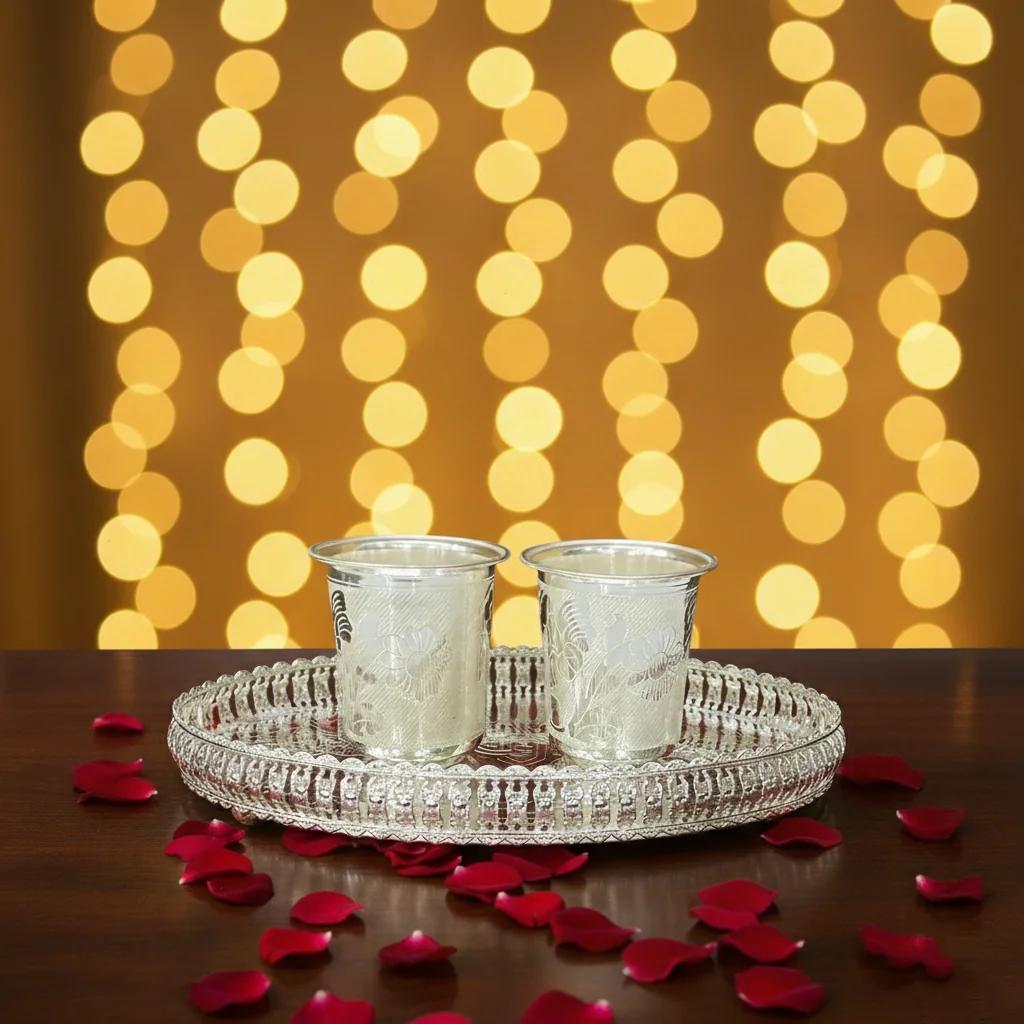 Value Gifts Elegant German Silver Pooja Glasses with Tray Set