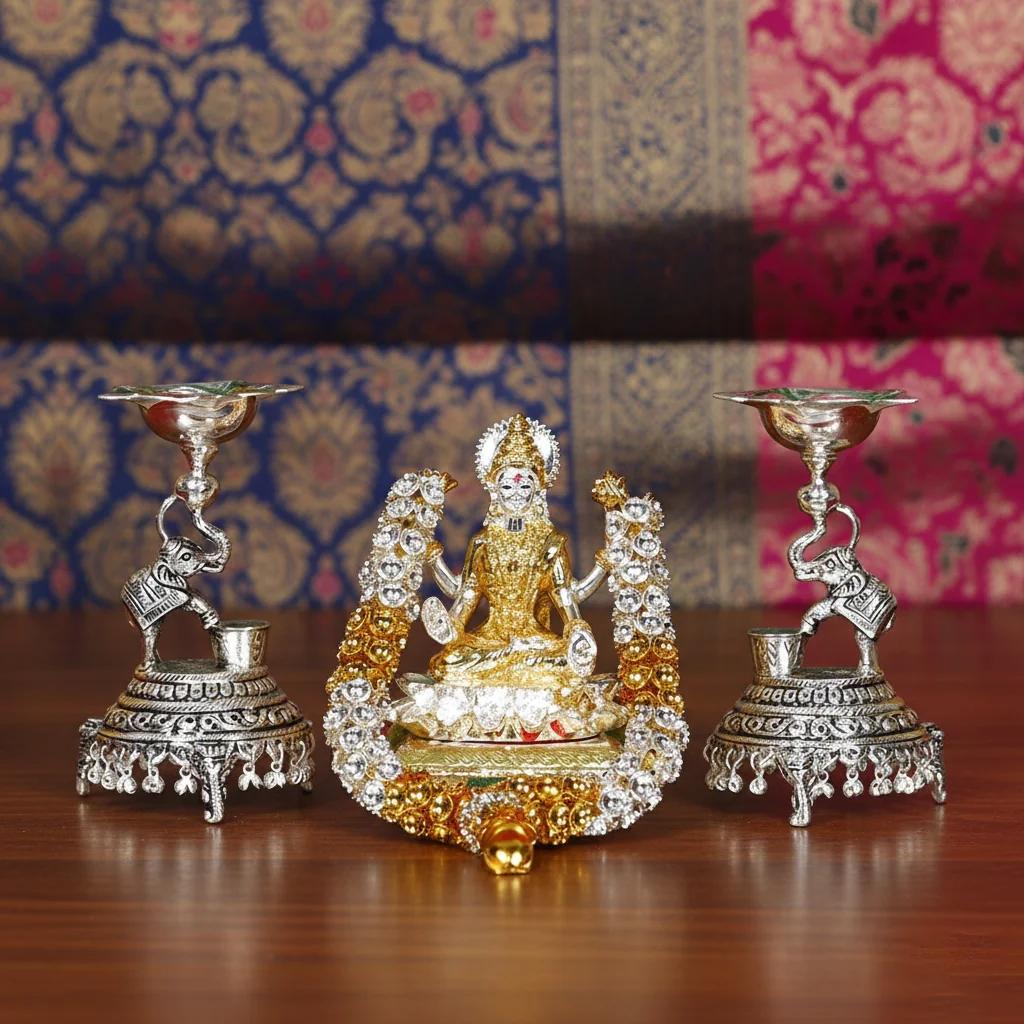 Value Gifts Elegant German Silver Lakshmi Idol, Garland & Diyas for Home Temple