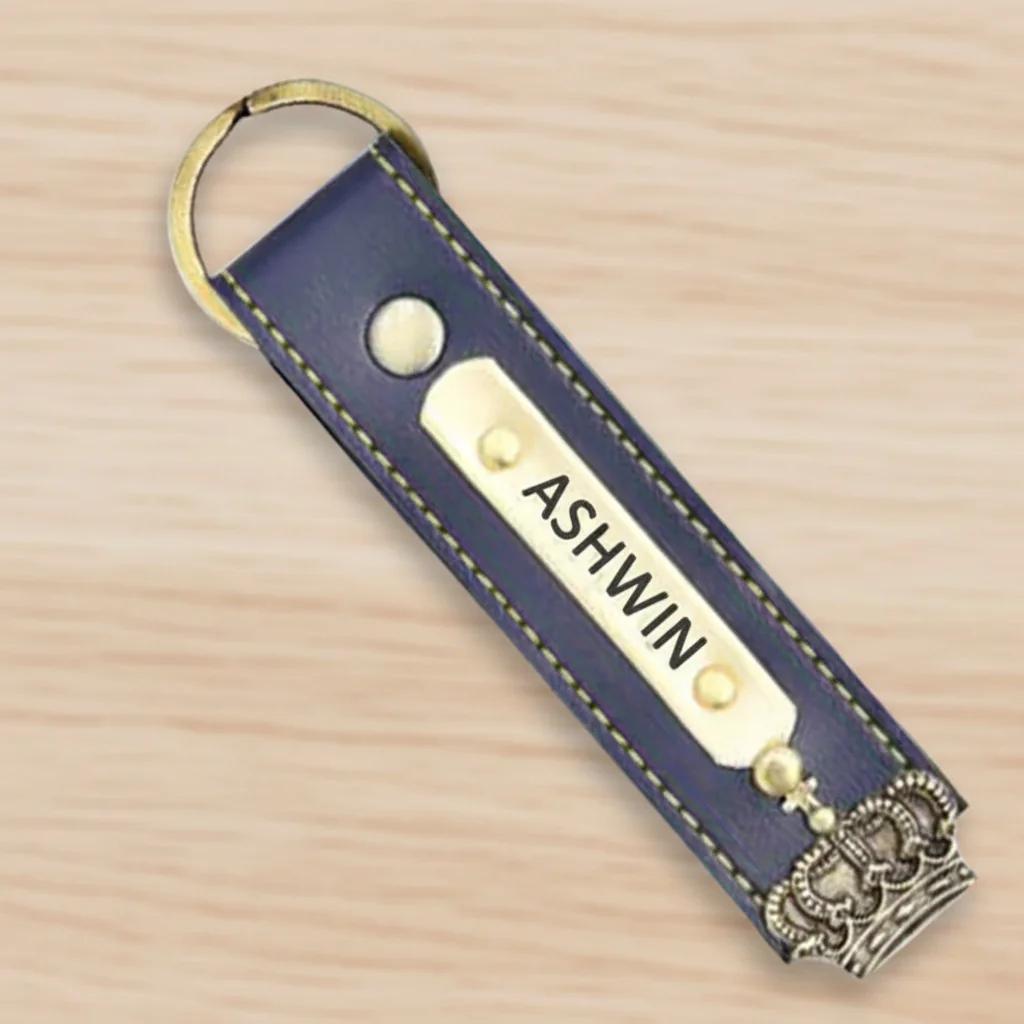Personalized Blue Leather Keychain – Handcrafted Custom Engraved Gift