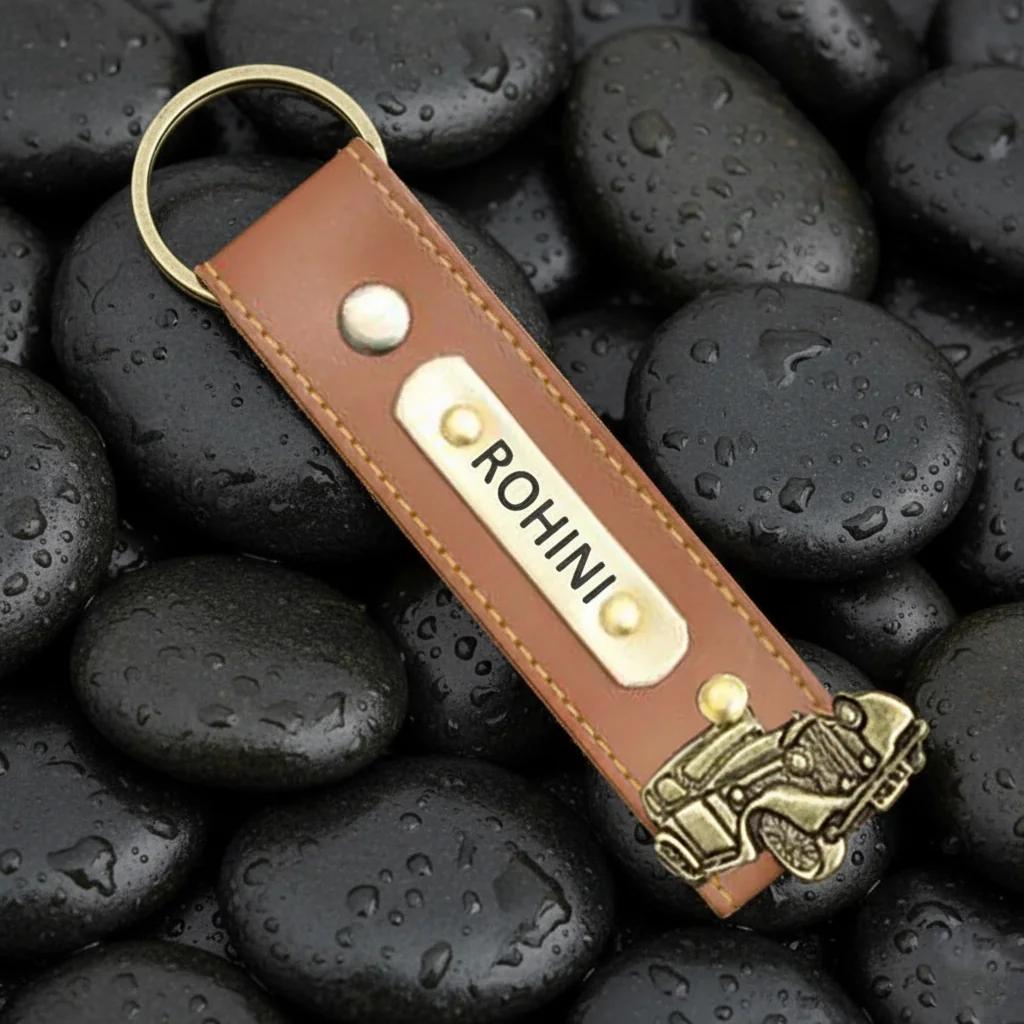 Tan Leather Keychain with Custom Name Engraving – Personalized Gift