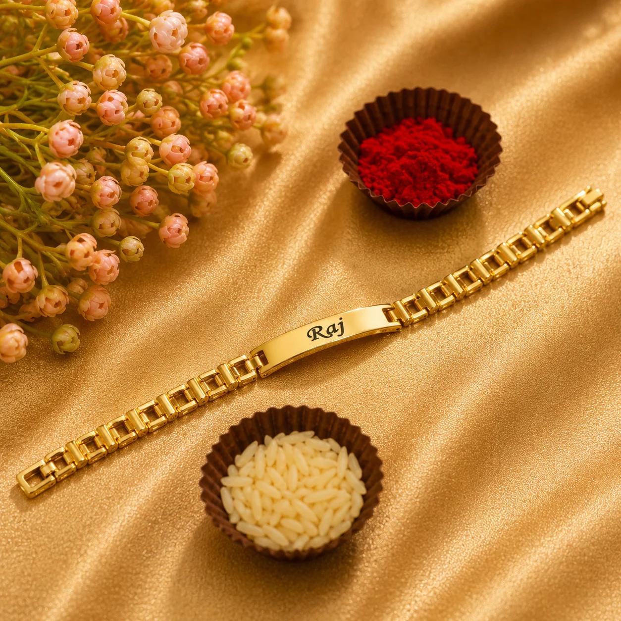 Personalized Premium Metal Name Rakhi for Brother - Gold