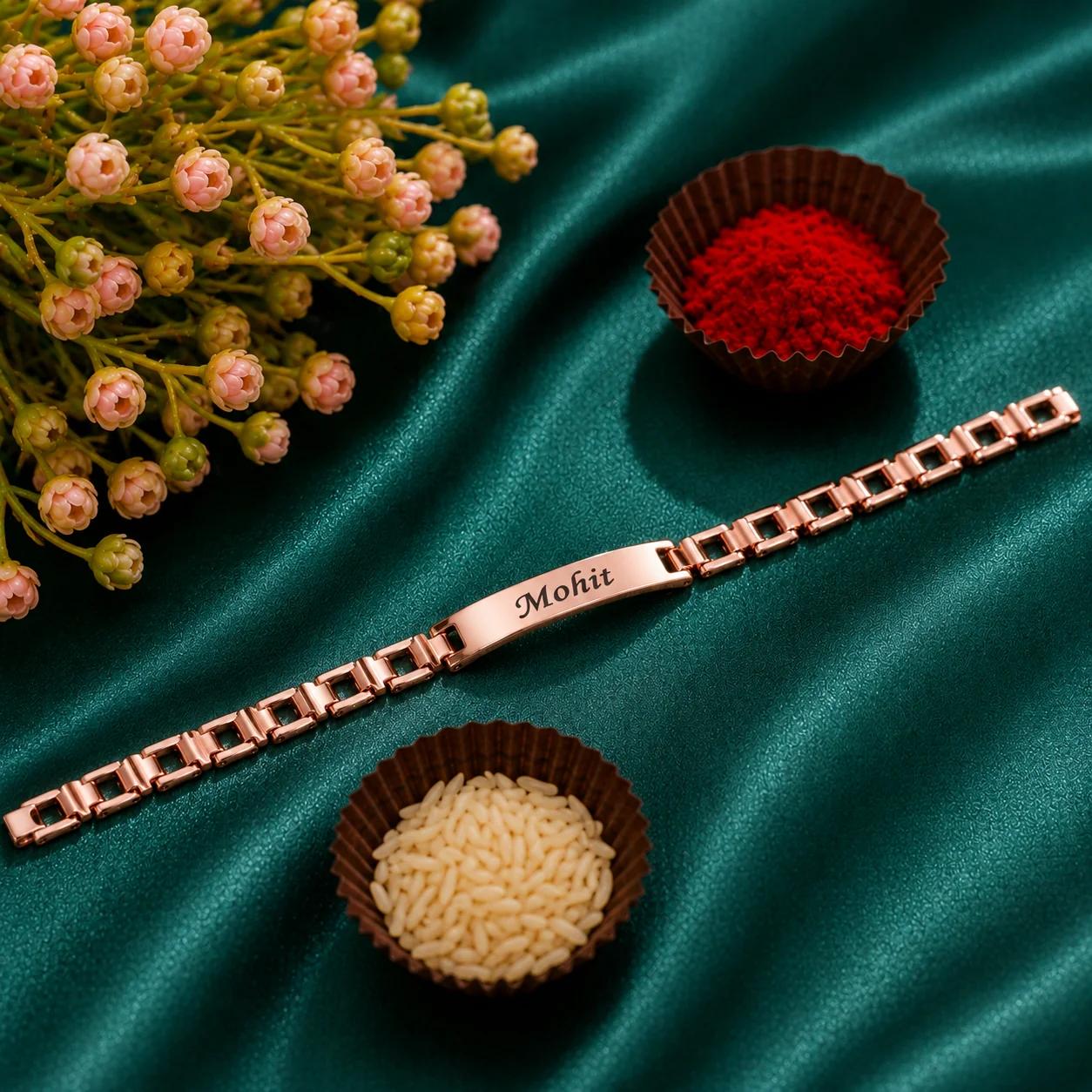Personalized Premium Metal Name Rakhi for Brother - Rose Gold