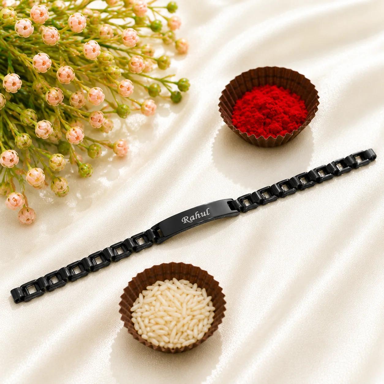 Personalized Premium Metal Name Rakhi for Brother - Black