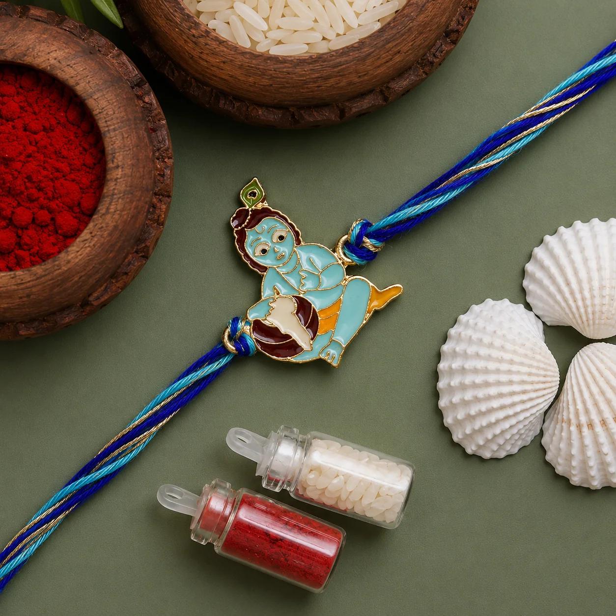 Personalized Premium Metal Artisan Crafted Sacred Thread Krishna Rakhi for Brother