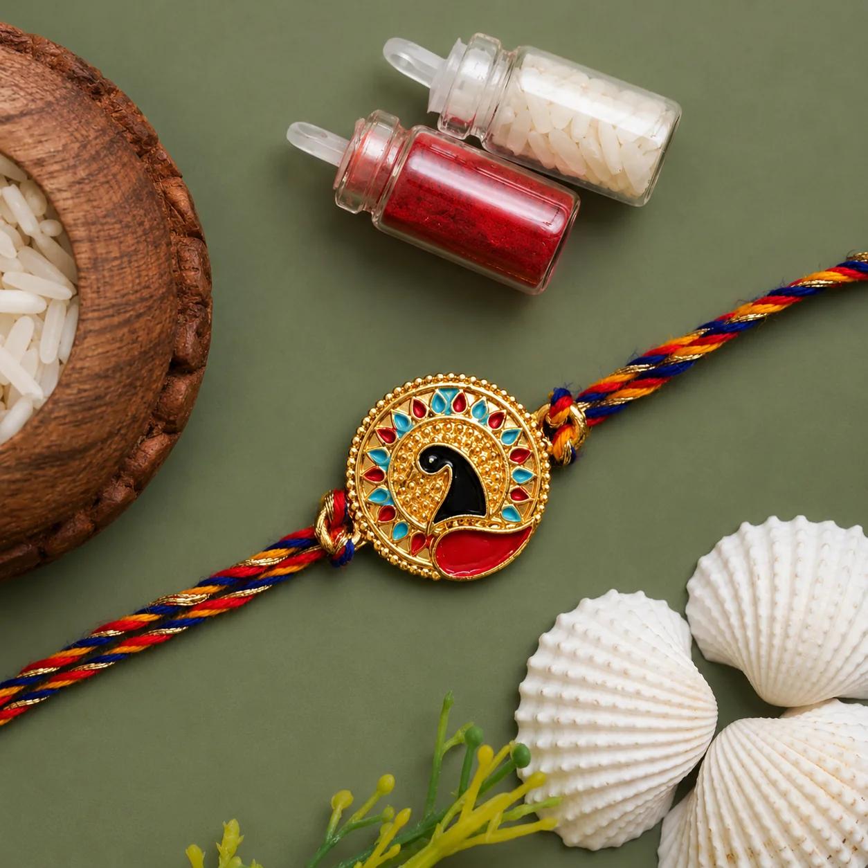 Personalized Premium Metal Artisan Crafted Sacred Thread Peacock Rakhi for Brother