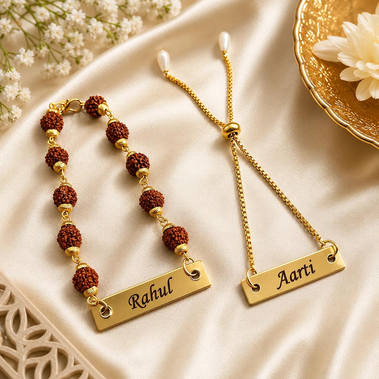 Personalized Bhaiya Bhabhi Rudraksha Rakhi & Pearl Lumba Rakhi Set with Name