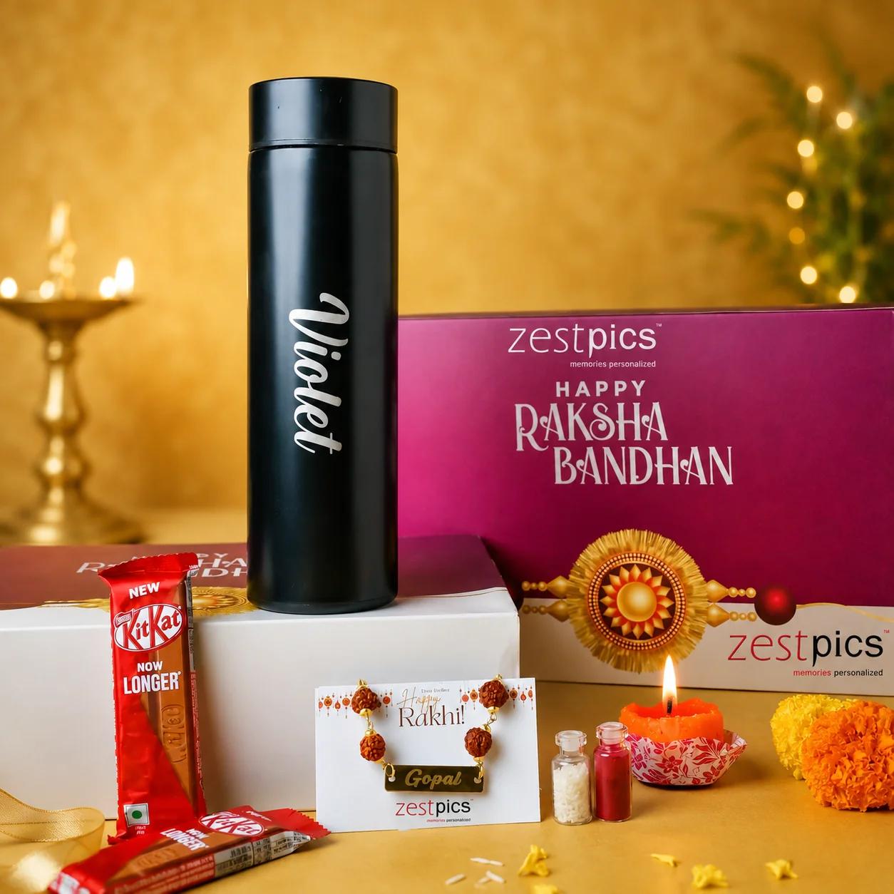 Personalized Rudraksha Rakhi with Smart Sipper Gift Combo for Brother