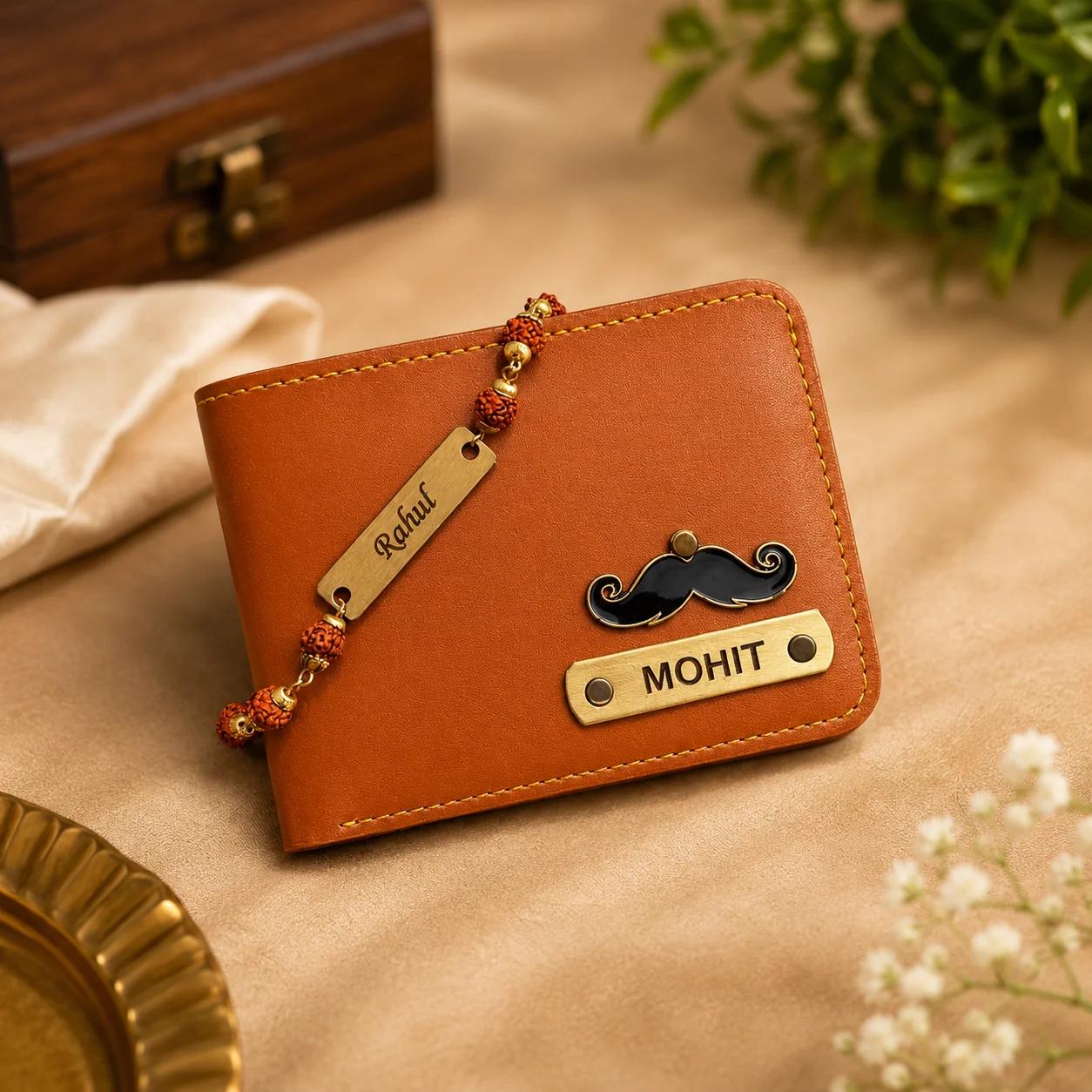 Personalized Men's Wallet (Tan) with Rudraksha Rakhi – Custom Name Engraved Gift Combo for Brother