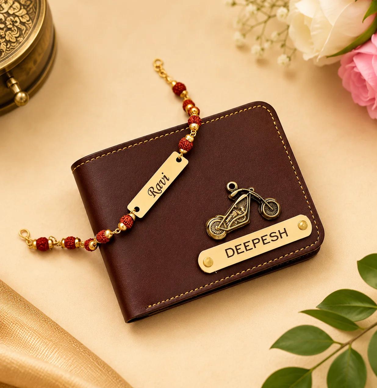 Personalized Men's Wallet (Brown) with Rudraksha Rakhi – Custom Name Engraved Gift Combo for Brother