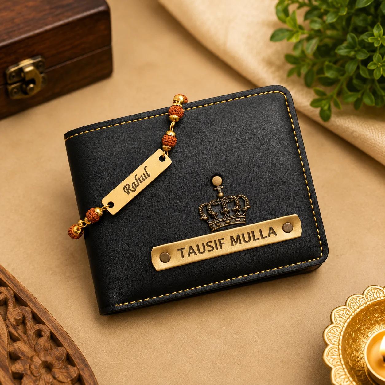 Personalized Men's Wallet (Black) with Rudraksha Rakhi – Custom Name Engraved Gift Combo for Brother
