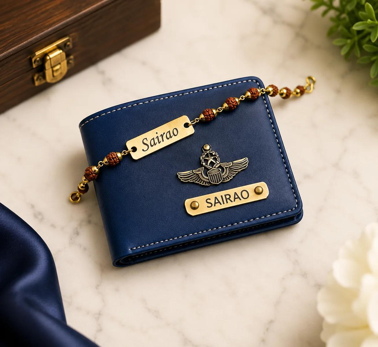 Personalized Men's Wallet (Blue) with Rudraksha Rakhi – Custom Name Engraved Gift Combo for Brother