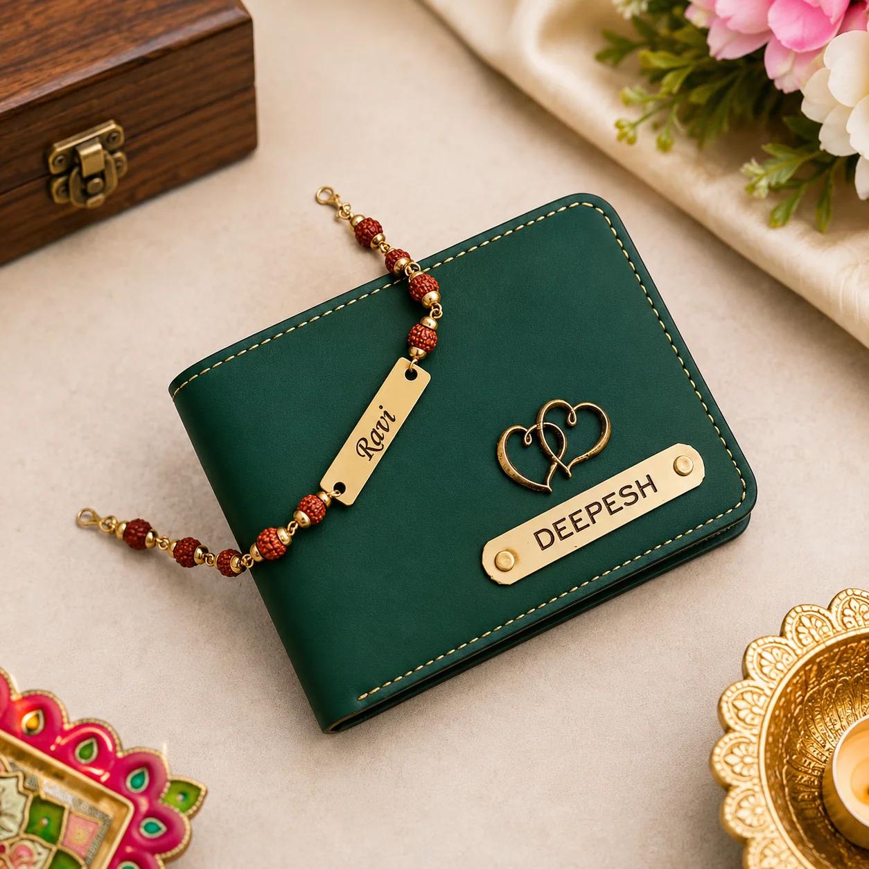 Personalized Men's Wallet (Olive) with Rudraksha Rakhi – Custom Name Engraved Gift Combo for Brother