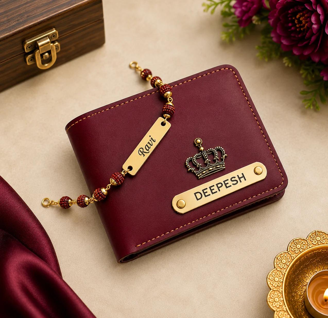 Personalized Men's Wallet (Wine) with Rudraksha Rakhi – Custom Name Engraved Gift Combo for Brother