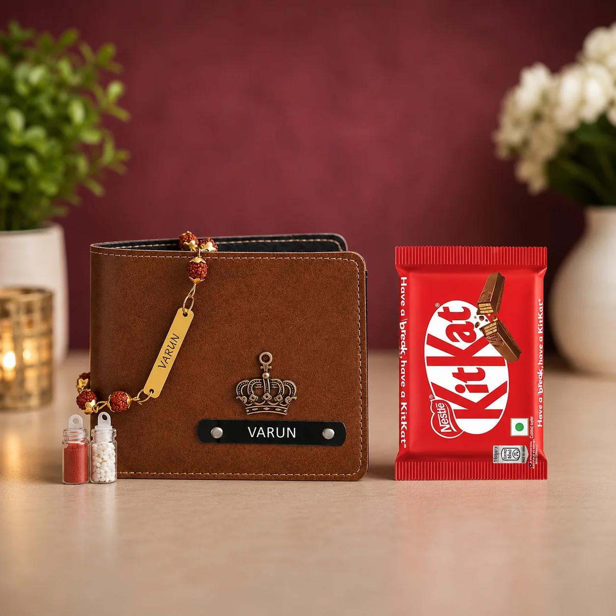 Personalized Men's Wallet with Rudraksha Rakhi & KitKat Chocolate Gift Combo for Brother