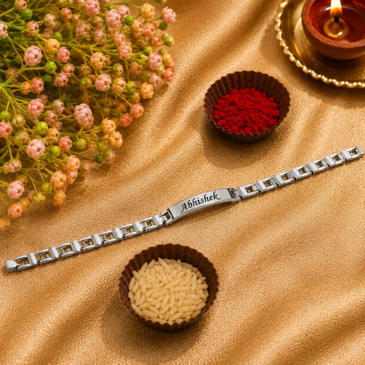 Personalized Premium Metal Name Rakhi for Brother - Silver