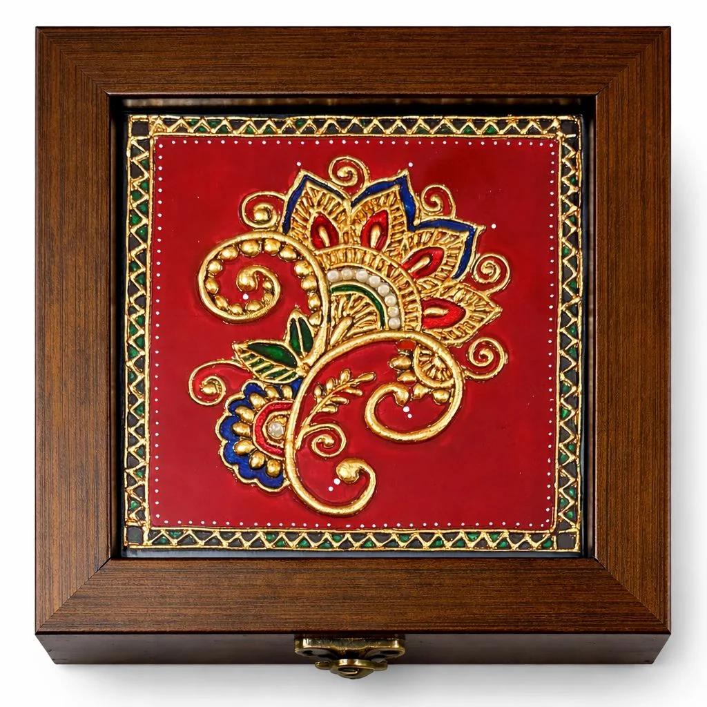 Handcrafted Tanjore Art Jewelry Box (6x6 Inch) – Gold Foil Kundan Decorative Gift Box