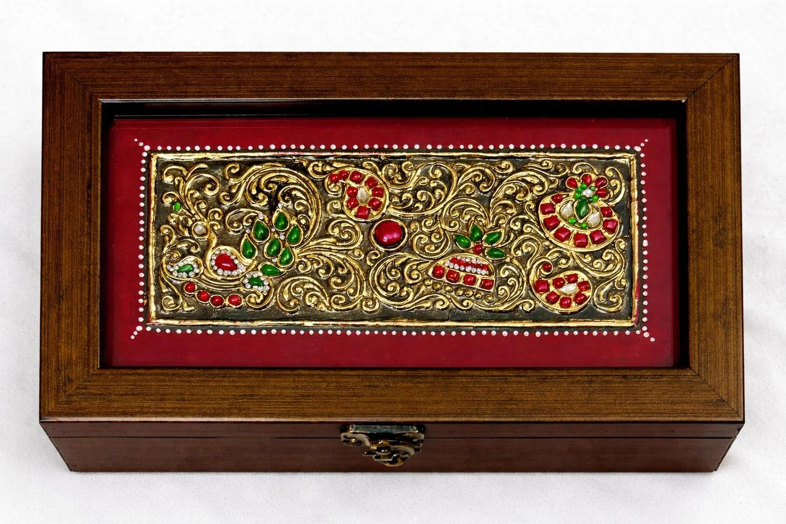 Handcrafted Tanjore Kundan Jewelry Box (8.5x5 Inch) – Gold Foil Designer Gift & Storage Box