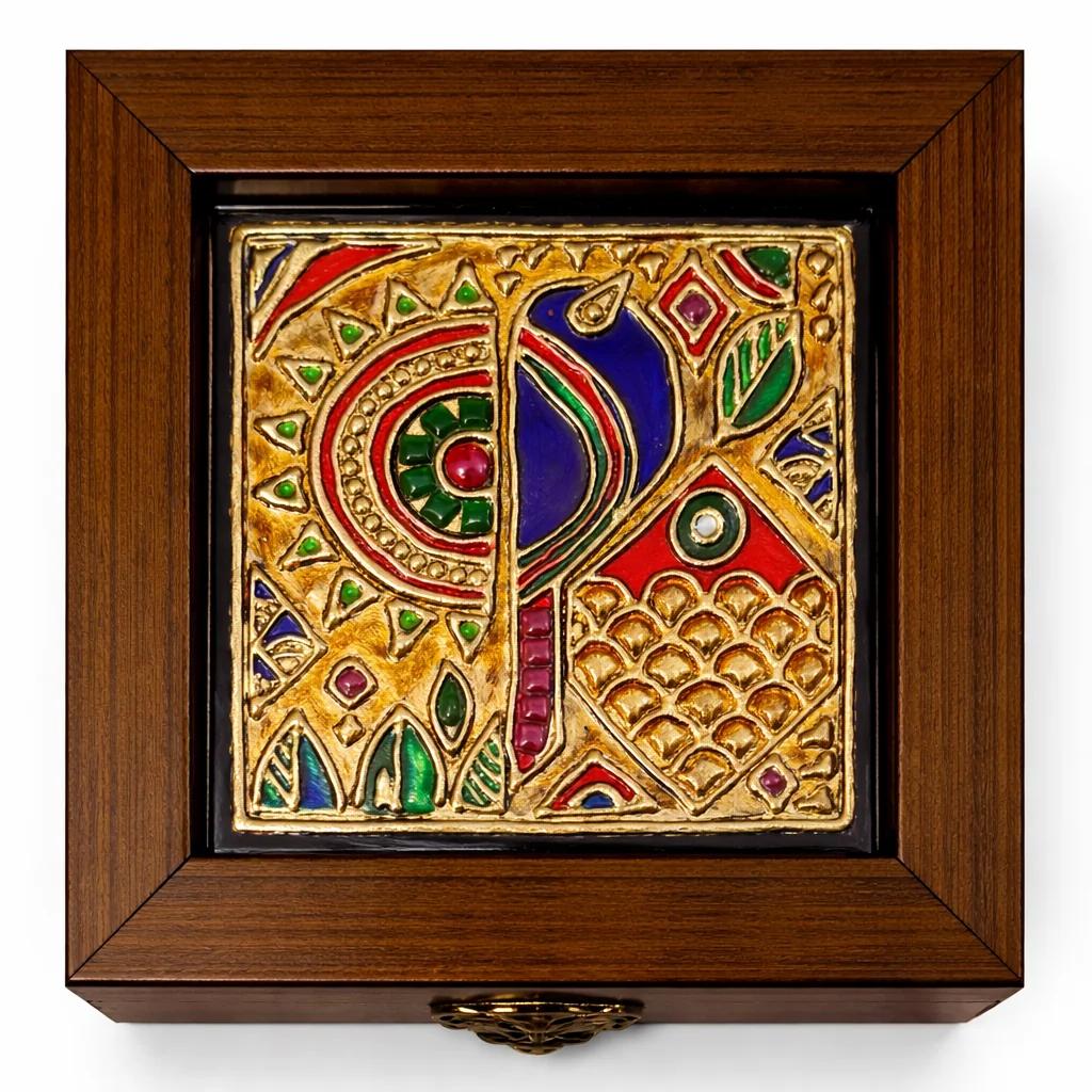 Handcrafted Tanjore Abstract Peacock Jewelry Box (5x5 Inch) – Gold Foil Kundan Decorative Gift Box