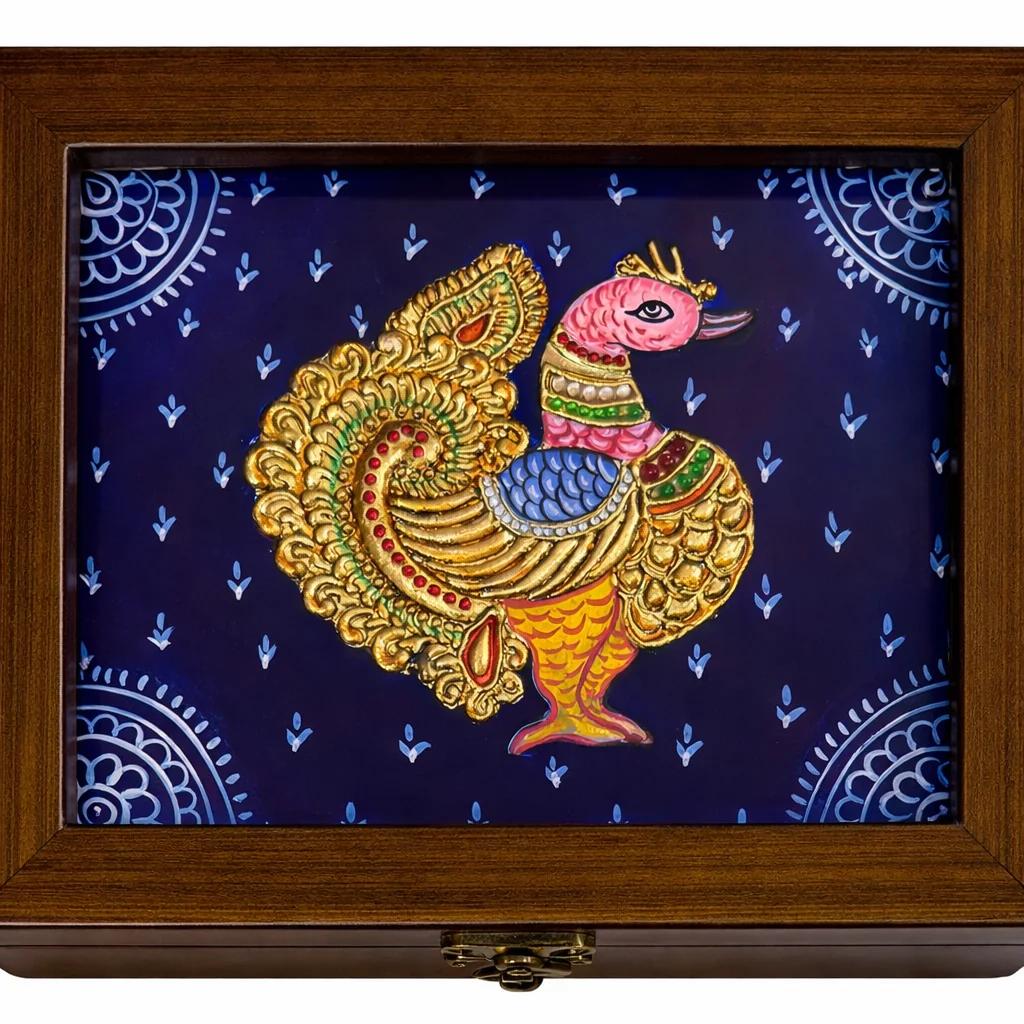 Handcrafted Tanjore Royal Peacock Bird Jewelry Box (6x6 Inch) – Blue Gold Foil Kundan Decorative Gift Box